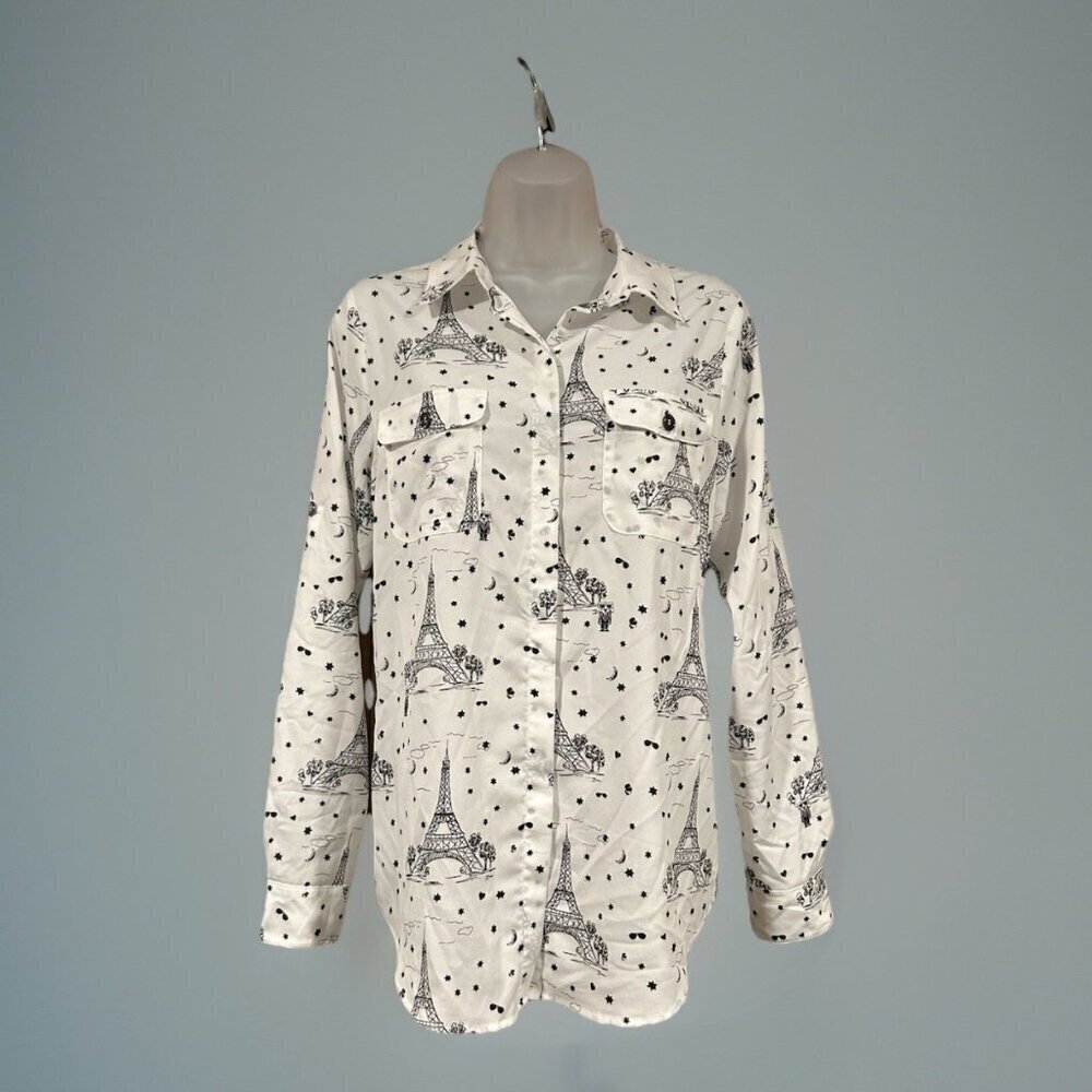 KARL LAGERFELD Paris Eiffel Tower Long Sleeve Button Front Blouse Women's Size S